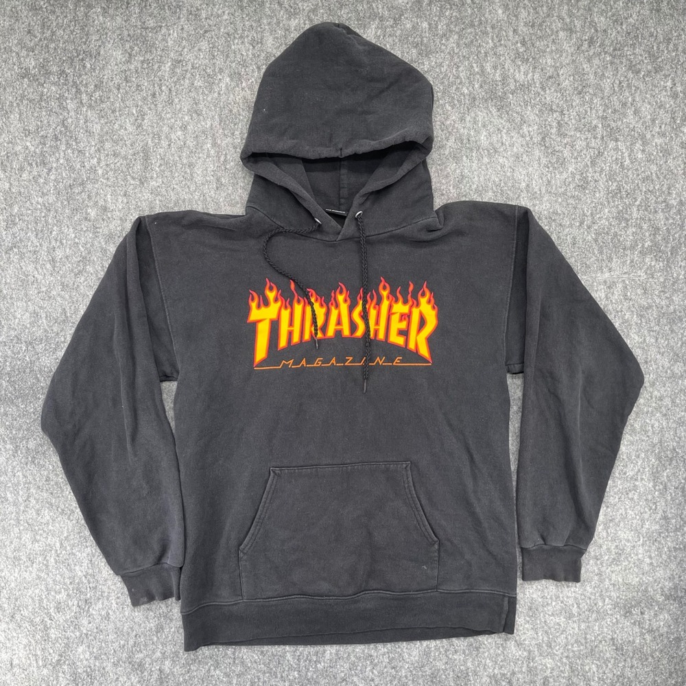 Thrasher Magazine Hoodie Small Flame Logo Hoodie Black Skateboarding Sweatshirt
